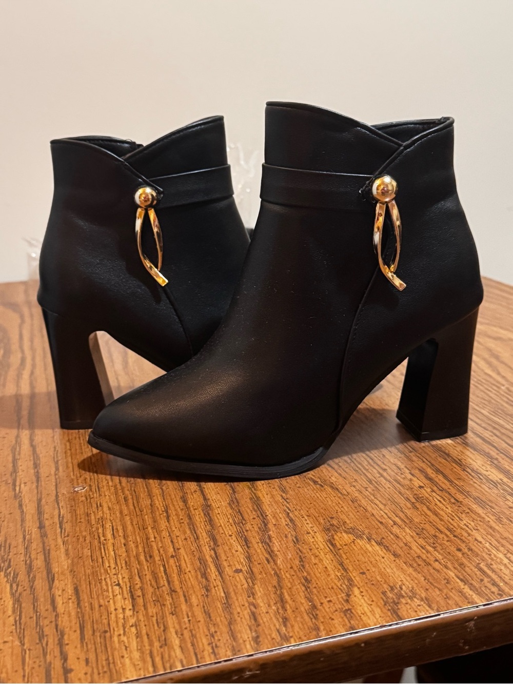 Black Block Heel Ankle Booties with Gold Charm